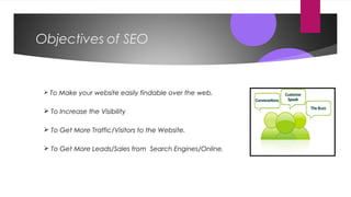 Objectives of SEO
 To Make your website easily findable over the web.
 To Increase the Visibility
 To Get More Traffic/Visitors to the Website.
 To Get More Leads/Sales from Search Engines/Online.
 