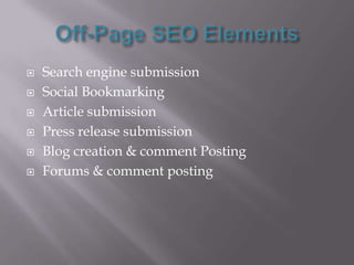 On-page factors are controlled by coding on website pagesOn-Page SEO ElementsTitle tags