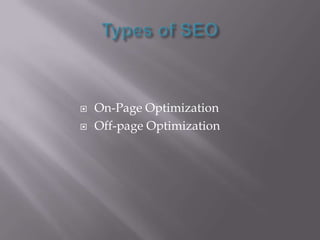 More visitors means more customers and higher profit.How does a search engine works?Search engine employ intelligent program robots called crawlers or spider , which visits thousands of websites every hour and index the pages according to the content . These indexes are huge database containing reference and links to the actual websites. The search engines looks though this database and displays the results.