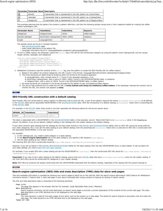 Parameter Parameter Name Description
d storeId A parameter that is represented in the URL pattern as a StoreToken
e catalogId A parameter that is represented in the URL pattern as a CatalogToken
f categoryId A parameter that is represented in the URL pattern as a CategoryToken
This example assumes that the pattern file contains a pattern definition, and that the following sample values exist in their respective tables for creating the coffee
makers subcategory URL:
Parameter Name TokenName TokenValue Keyword
categoryId CategoryToken 10024 coffee-makers
storeId:catalogId StoreToken:CatalogToken 10001:10002 madisons
langId LanguageToken -1 en
The sample values are found in multiple locations:
The SEOURLKEYWORD table
Static token definitions of the pattern file
Language information found in: LanguageRegistry.singleton().getLanguageById()
To link to coffee makers, the developer inserts the wcf:url tag in the JSP for the kitchenware category by using the pattern name CatergoryURL and the values,
langId, storeId, catalogId, and categoryId:
<wcf:url patternName="CategoryURL">
<wcf:param name="langId" value="-1" />
<wcf:param name="storeId" value="10001" />
<wcf:param name="catelogId" value="10002" />
<wcf:param name="categoryId" value="10024" />
</wcf:url>
2.
WebSphere Commerce uses the contents of the wcf:url tag, plus the pattern to create the SEO-friendly URL for coffee makers:
Based on the pattern for product categories, the URL is built in this format: LanguageToken/StoreToken:CatalogToken/CategoryTokena.
The three keywords are determined by breaking down the format by the keyword separator:
LanguageToken, with a langId value of -1. Found in the language repository, is en.
StoreToken:CatalogToken, with a value of 10001:10002. Found in the SEOURLKEYWORD table, is madisons.
CategoryToken, with a value of 10024. Found in the SEOURLKEYWORD table, is coffee-makers.
b.
All these keywords are combined in the format provided by the pattern to get: en/madisons/coffee-makers.c.
The wcf:url tag combines this to create the full URL of www.myhost.com/shop/en/madisons/coffee-makers. If the developer rewrites the context root to
shorten the URL, the context root appears as shop.
d.
3.
SEO-friendly URL construction with a default catalog
SEO-friendly URLs are constructed by using a pattern to determine how to build the URL. A part of the pattern requires the tokens StoreToken:CatalogToken to be defined
in the SEOURL table and an associated URLKEYWORD in the SEOURLKEYWORD table. With the introduction of a default catalog, a StoreToken: token entry is preconfigured
in the SEOURL table.
For example, in the SEOURL table, there exists a row that resembles the following tokens for the Aurora starter store:
SEOURL_ID TokenName TokenValue
13227 StoreToken:CatalogToken '10001:'
The token is associated with a URLKEYWORD in the SEOURLKEYWORD table, in this example, 'aurora'. Notice that there is no CatalogToken value in the TokenValue
column. By default, if you do not specify a default catalog in the Catalogs tool, the master catalog is the default catalog.
If your store contains sales catalogs and the catalogs do not have token entries in the SEOURL and SEOURLKEYWORD tables, then an SEO URL cannot be constructed for
your sales categories. But, if you set the sales catalog as your default catalog, then the preconfigured StoreToken: token entry is used and an SEO URL is constructed with
the associated URLKEYWORD, in this case 'aurora'.
For example:
In the Catalogs tool, you create a sales category in a sales catalog.1.
In the Search Engine Optimization tab of the sales category, you specify a URL keyword sales-apparel.2.
Set the sales catalog as your default catalog.3.
The resulting SEO URL that is constructed would be http://www.myhost.com/shop/en/aurora/sales-apparel
However, if you set up tokens in the SEOURL and SEOURLKEYWORD tables for the sales catalog, then the new URLKEYWORD entry is used instead. To set up tokens for
your sales catalog, you must Enable SEO with sales catalogs.
For example, if you enable SEO with a sales catalog and set the URLKEYWORD to 'teststore', then the constructed SEO URL would be http://www.myhost.com/shop/en
/teststore/sales-apparel.
Important: If you plan to set a sales catalog as the default catalog, ensure that your SEOURL table also has a StoreToken:CatalogToken entry for the master catalog. If
not, then SEO URLs cannot be constructed for categories in your master catalog.
Note: SEO URLs for products are always constructed with the URLKEYWORD associated with the default catalog, regardless of the catalog that the product belongs to.
Search engine optimization (SEO) title and meta description (TMD) data for store web pages
Title and metadata information is valuable for allowing your store's pages to stand out on the internet. With the search engine optimization (SEO) feature for WebSphere
Commerce Version 7 Feature Pack 3, each web page in your store is provided with unique content to improve its ranking in search results.
The title and meta description data is comprised of the following elements:
Page title
The page title appears in the browser title bar For example: Large Adjustable Desk Lamp | Madisons
Meta description
Search engines commonly use the meta description on search result pages to provide a concise explanation of the contents of the current web page. The meta
data description is an HTML attribute and is not displayed on the web page.
Meta keyword
The meta keyword is used for the static pages of your store, such as the contact us or help page. This allows for search engines to accurately rank and index the
web page. The meta keyword is an HTML attribute and is not displayed on the web page.
Image alt text
Search engine optimization (SEO) http://pic.dhe.ibm.com/infocenter/wchelp/v7r0m0/advanced/print.jsp?top...
7 of 16 7/8/2013 11:59 AM
 