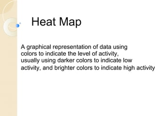Heat Map 
A graphical representation of data using 
colors to indicate the level of activity, 
usually using darker colors to indicate low 
activity, and brighter colors to indicate high activity. 
 
