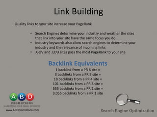 Link Building
Quality links to your site increase your PageRank

         • Search Engines determine your industry and weather the sites
           that link into your site have the same focus you do
         • Industry keywords also allow search engines to determine your
           industry and the relevance of incoming links
         • .GOV and .EDU sites pass the most PageRank to your site


                     Backlink Equivalents
                          1 backlink from a PR 6 site =
                         3 backlinks from a PR 5 site =
                         18 backlinks from a PR 4 site =
                        101 backlinks from a PR 3 site =
                        555 backlinks from a PR 2 site =
                        3,055 backlinks from a PR 1 site
 