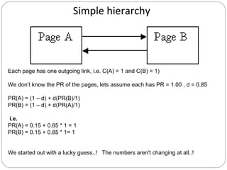 Simple hierarchy Each page has one outgoing link, i.e. C(A) = 1 and C(B) = 1) We don’t know the PR of the pages, lets assume each has PR = 1.00 , d = 0.85  PR(A) = (1 – d) + d(PR(B)/1)  PR(B) = (1 – d) + d(PR(A)/1) i.e. PR(A) = 0.15 + 0.85 * 1 = 1 PR(B) = 0.15 + 0.85 * 1= 1  We started out with a lucky guess..!  The numbers aren't changing at all..!  