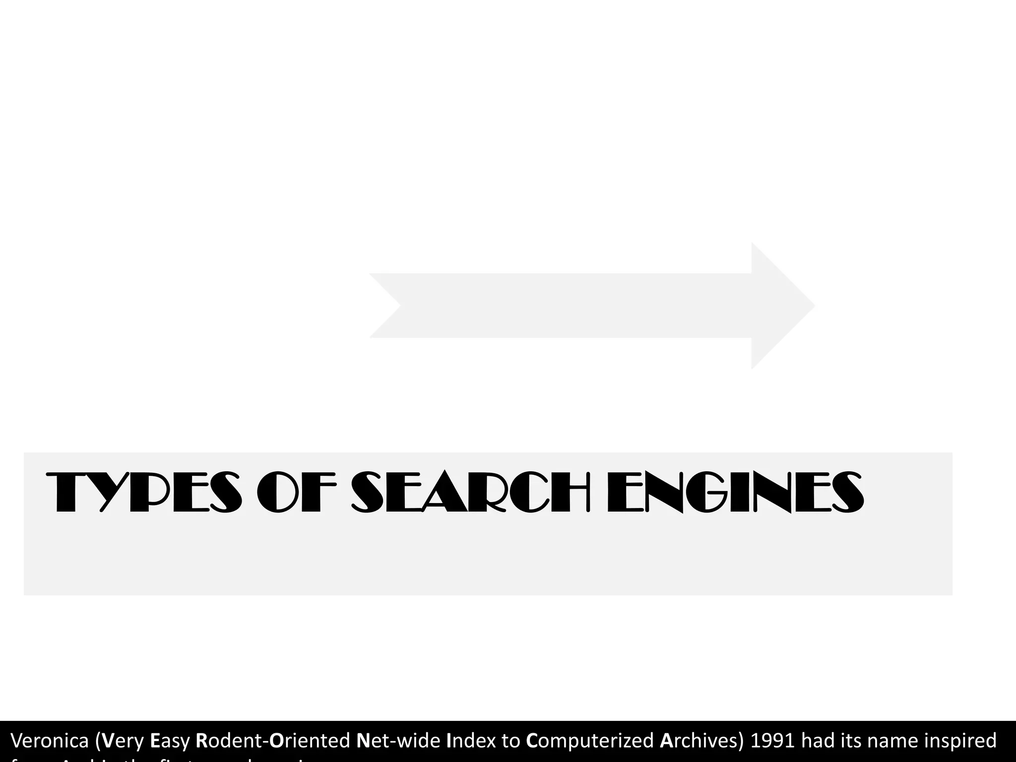 Types of search engines Veronica (Very Easy Rodent-Oriented Net-wide Index to Computerized Archives) 1991 had its name inspired from Archie the first search engine