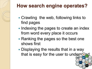 How search engine operates?

 Crawling the web, following links to
  find pages
 Indexing the pages to create an index
  from word every place it occurs
 Ranking the pages so the best one
  shows first
 Displaying the results that in a way
  that is easy for the user to understand
 
