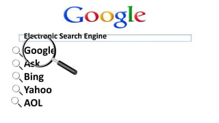 Google
Ask
Bing
Yahoo
AOL
Electronic Search Engine
 