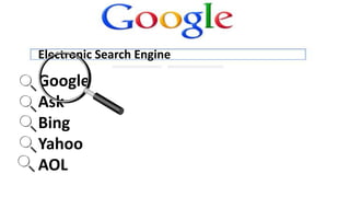 Google
Ask
Bing
Yahoo
AOL
Electronic Search Engine
 
