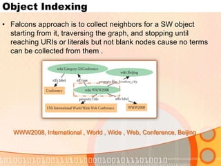 Weighting and SimilarityBoth virtual document and query are represented as term vector in term vector space,  The terms of the virtual document are weighted where term in the local name and labels are assigned a higher weighting coefficient than those in literal properties and neighbor's properties term , To calculate similarity between the object and query cosine measure is used, the result is ranked based on the combination of of their relevance to the query and their popularity, where: The relevance score is calculated based on the cosine similarity measure and The popularity score is evaluated according to the number of RDF documents that SW objects are used by. 