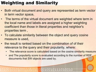 Light Weight inference Falcons index the classes of SW objects and provide a user-friendly navigation hierarchy of classes for users to refine the search results using class-inclusion reasoning to discover implicit types of objectsFalcons index not only its explicitly specified classes but also their super classes Class 1object3object2 object1Class2 object2Class3 object4 object1