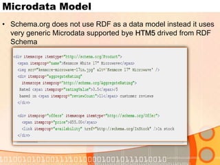 MicrodatavsRDFaMicrodata audience RDFa is extensible and very expressive, but the substantial complexity of the language has contributed to slower adoption. Schema.org vocabularies are search engine oriented more than domain specific like RDFMicrodata can be converted to RDFaThere is Schema.RDFS.org a site which is a complementary effort by people from the Linked Data community to express the terms provided by the Schema.org Vocabularies in RDF tagging information, Web page owners could improve the position of their site in search results—an  important source of traffic.
