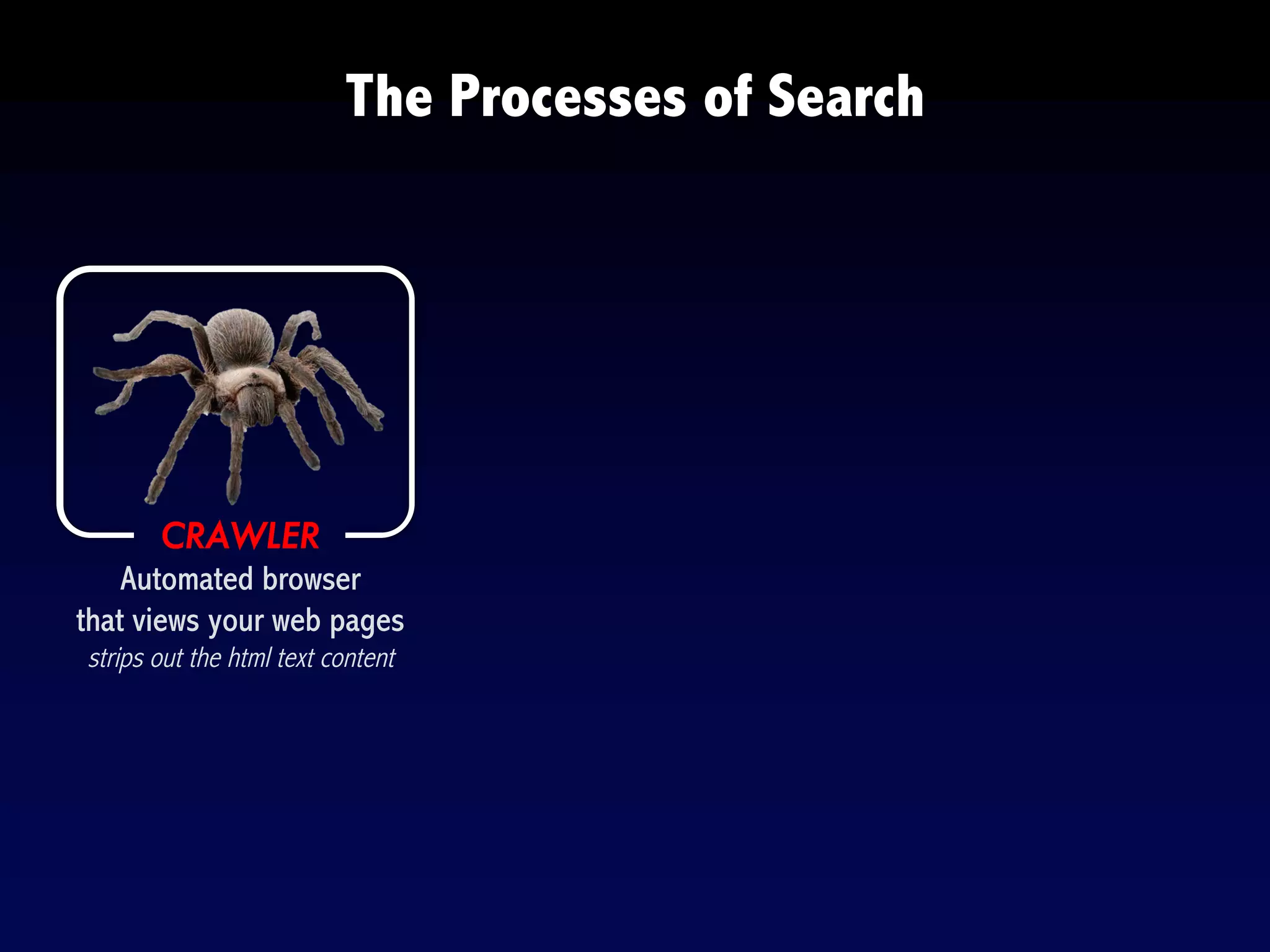CRAWLER
strips out the html text content
The Processes of Search
Automated browser
that views your web pages
 