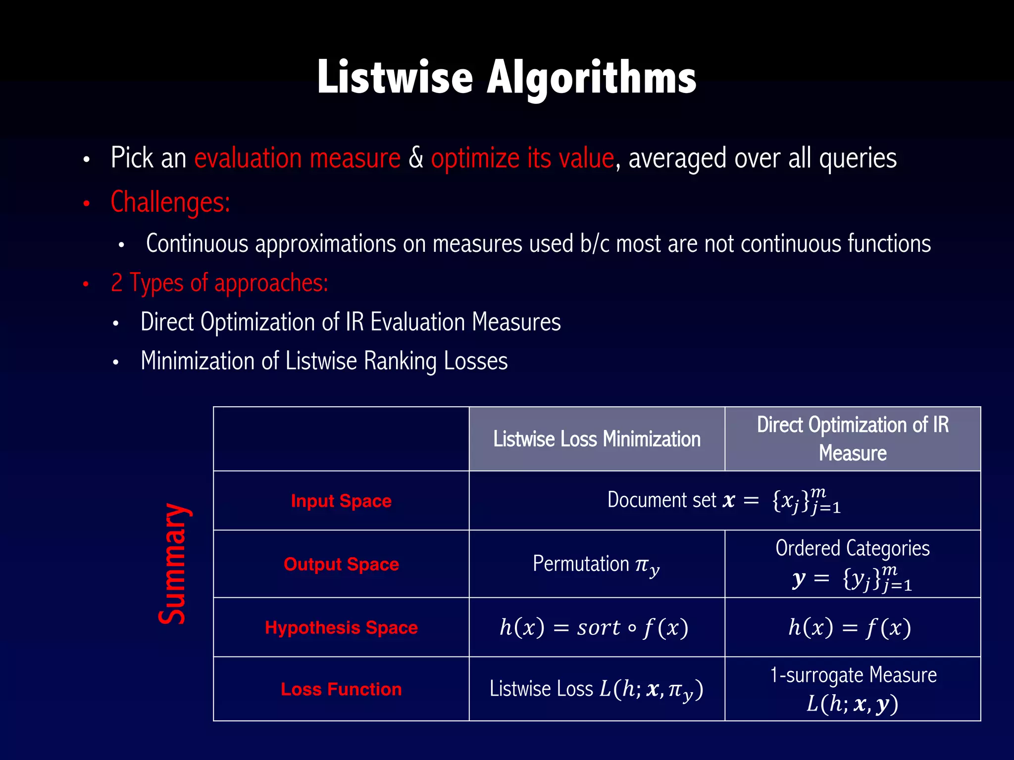• Pick an evaluation measure & optimize its value, averaged over all queries
• Challenges:
• Continuous approximations on measures used b/c most are not continuous functions
• 2 Types of approaches:
• Direct Optimization of IR Evaluation Measures
• Minimization of Listwise Ranking Losses
Listwise Algorithms
Listwise Loss Minimization
Direct Optimization of IR
Measure
Input Space Document set 𝒙 =	
  {𝑥J}JKL
M
Output Space Permutation 𝜋O
Ordered Categories
𝒚 =	
  {𝑦J}JKL
M
Hypothesis Space ℎ 𝑥 = 𝑠𝑜𝑟𝑡 ∘ 𝑓(𝑥) ℎ 𝑥 = 𝑓(𝑥)
Loss Function Listwise Loss 𝐿(ℎ; 𝒙, 𝜋O)
1-surrogate Measure
𝐿(ℎ; 𝒙, 𝒚)
Summary
 