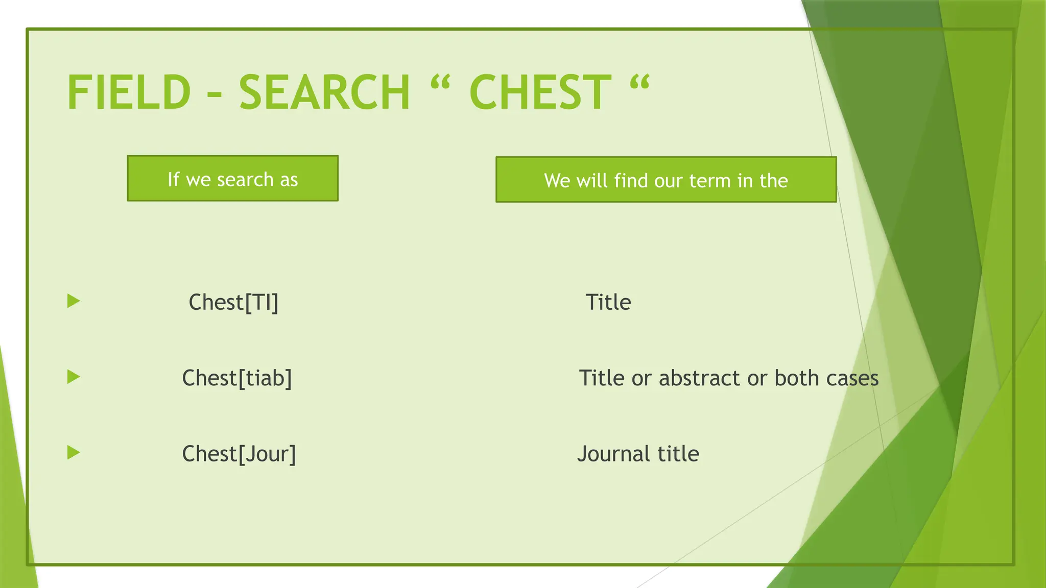 FIELD – SEARCH “ CHEST “
 Chest[TI] Title
 Chest[tiab] Title or abstract or both cases
 Chest[Jour] Journal title
If we search as We will find our term in the
 