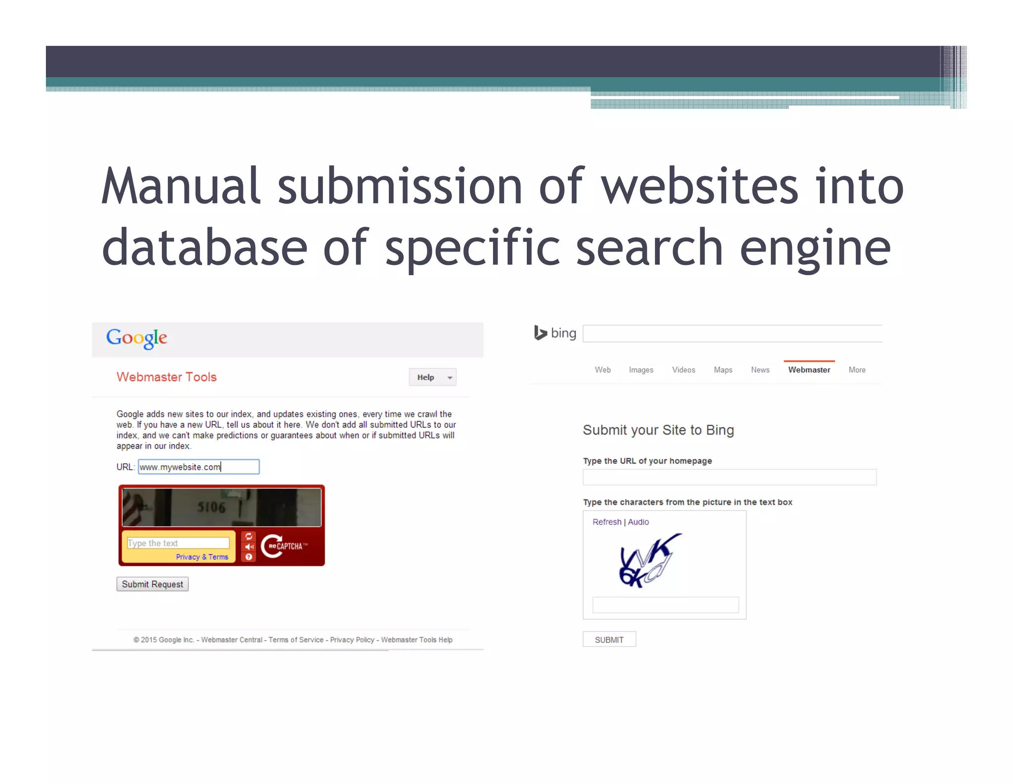 Manual submission of websites into
database of specific search engine
 