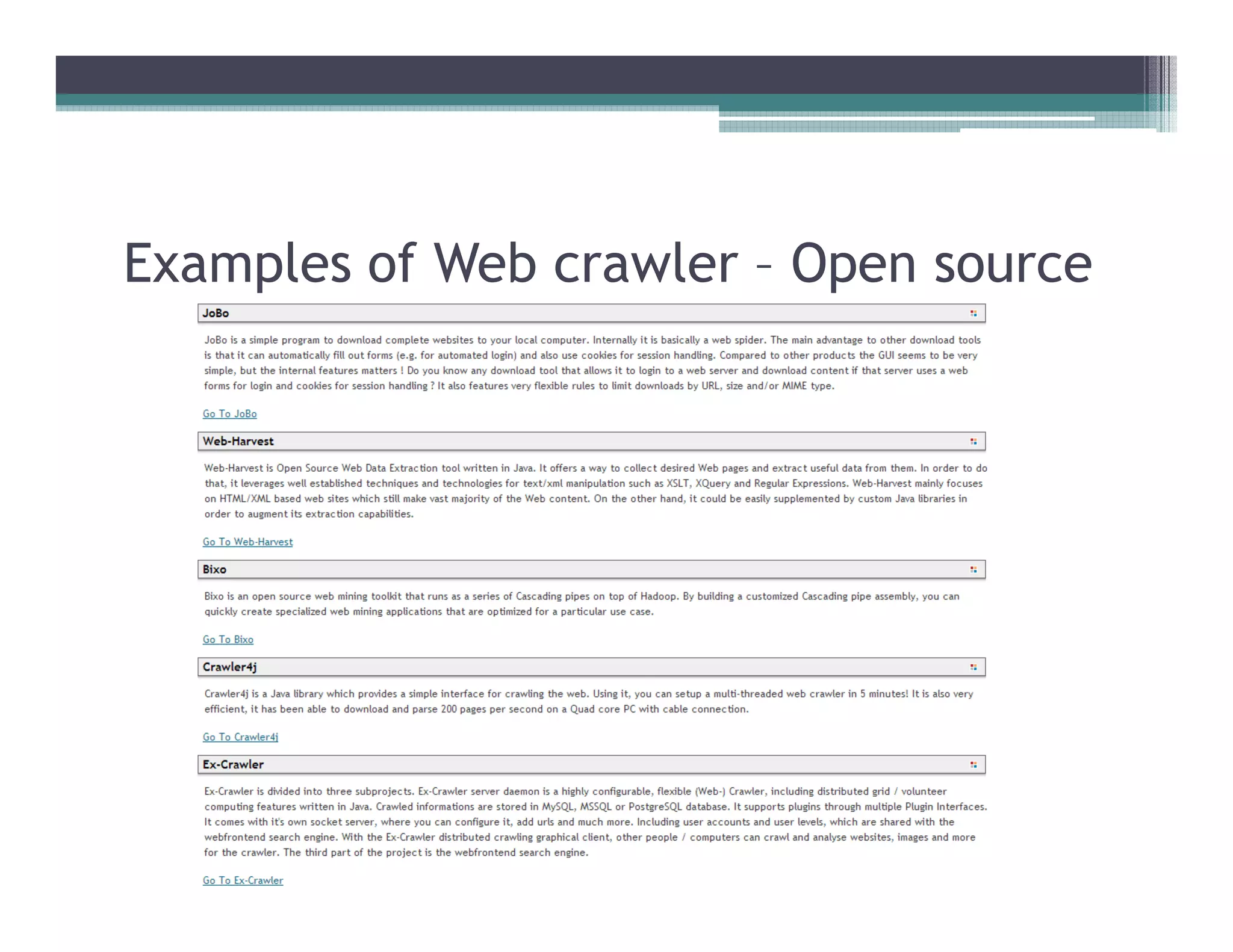 Examples of Web crawler – Open source
 