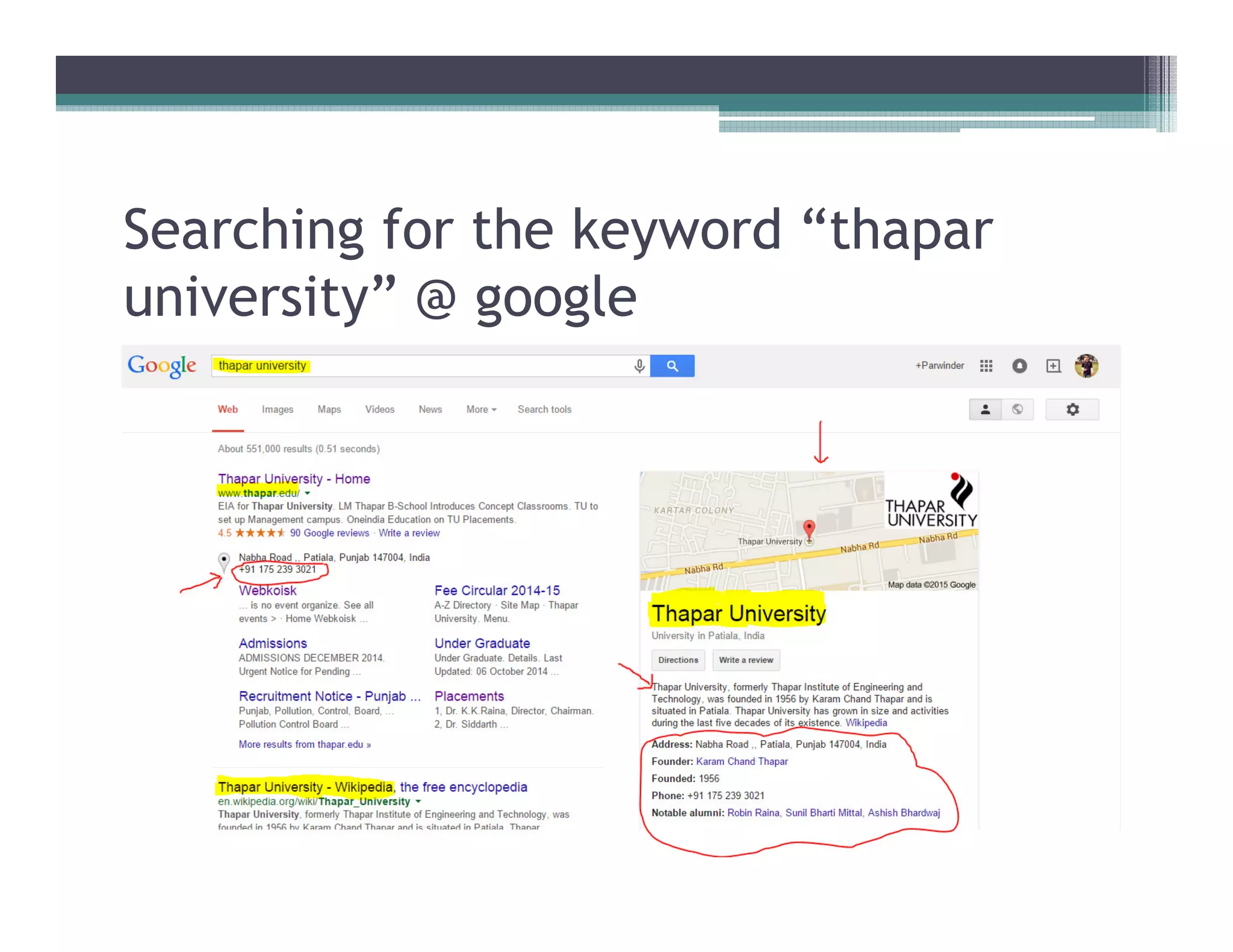 Searching for the keyword “thapar
university” @ google
 