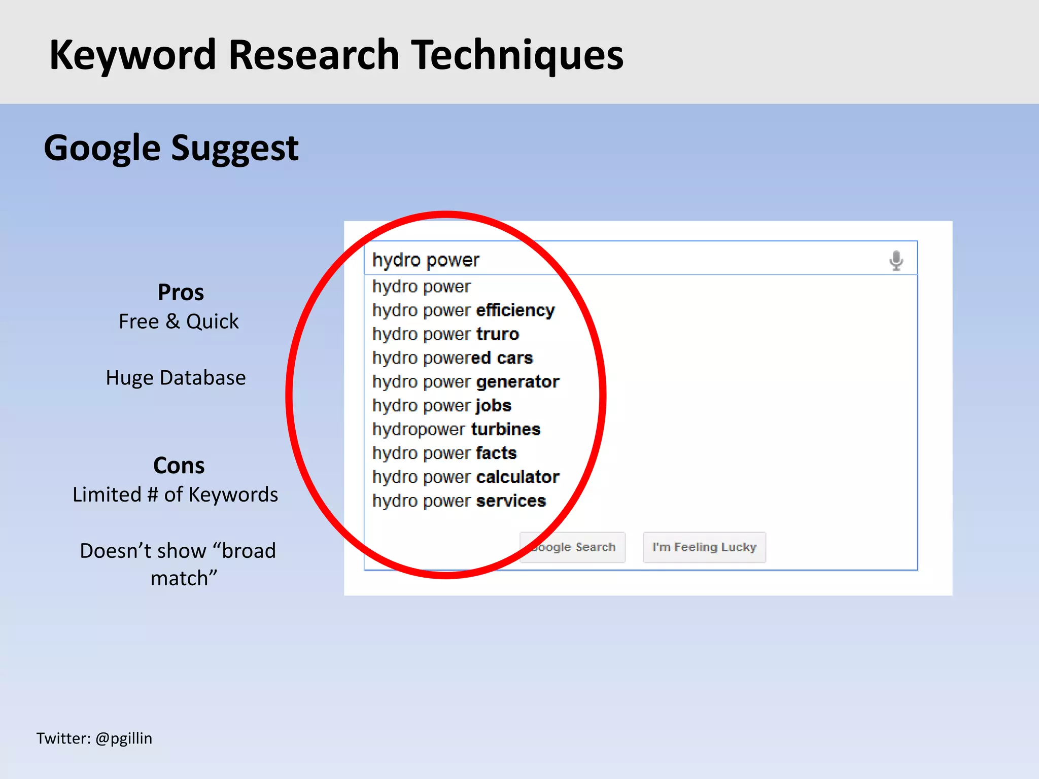 Twitter: @pgillin
Google Suggest
Pros
Free & Quick
Huge Database
Cons
Limited # of Keywords
Doesn’t show “broad
match”
Keyword Research Techniques
 