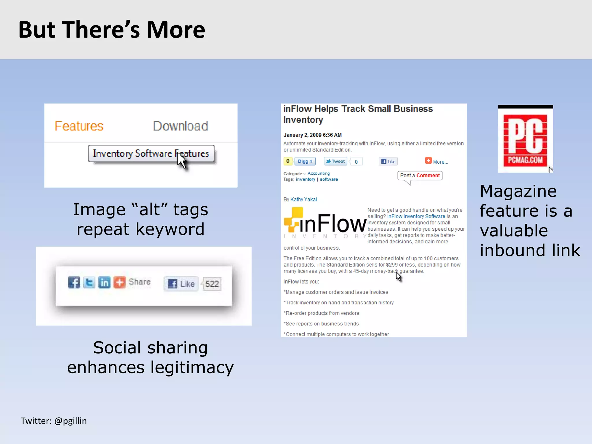 Twitter: @pgillin
But There’s More
Image “alt” tags
repeat keyword
Magazine
feature is a
valuable
inbound link
Social sharing
enhances legitimacy
 