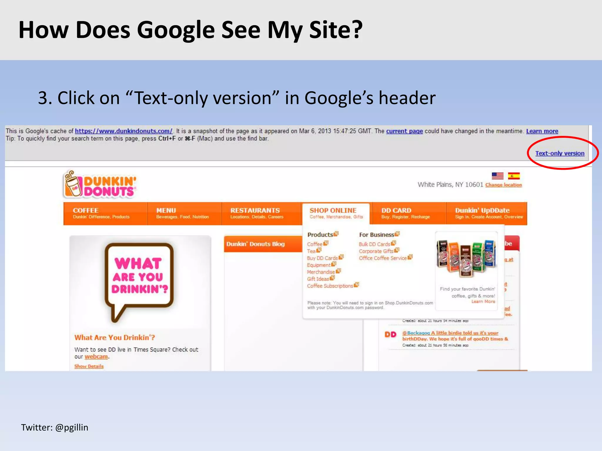 Twitter: @pgillin
3. Click on “Text-only version” in Google’s header
How Does Google See My Site?
 