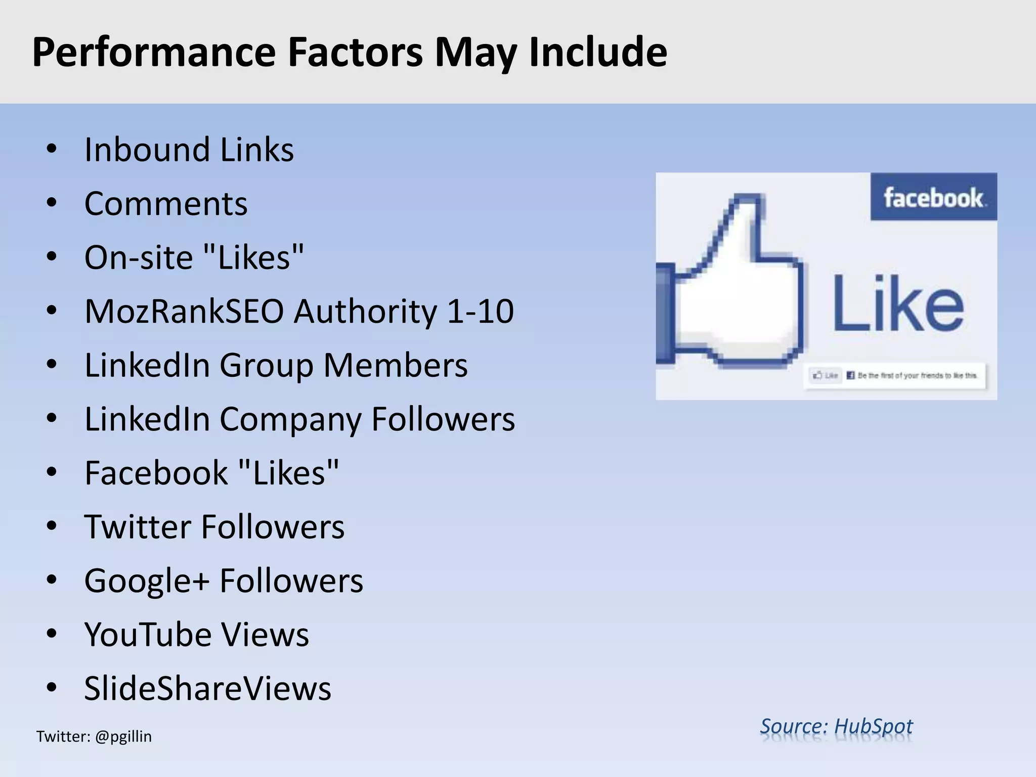 Twitter: @pgillin
Performance Factors May Include
• Inbound Links
• Comments
• On-site "Likes"
• MozRankSEO Authority 1-10
• LinkedIn Group Members
• LinkedIn Company Followers
• Facebook "Likes"
• Twitter Followers
• Google+ Followers
• YouTube Views
• SlideShareViews
Source: HubSpot
 