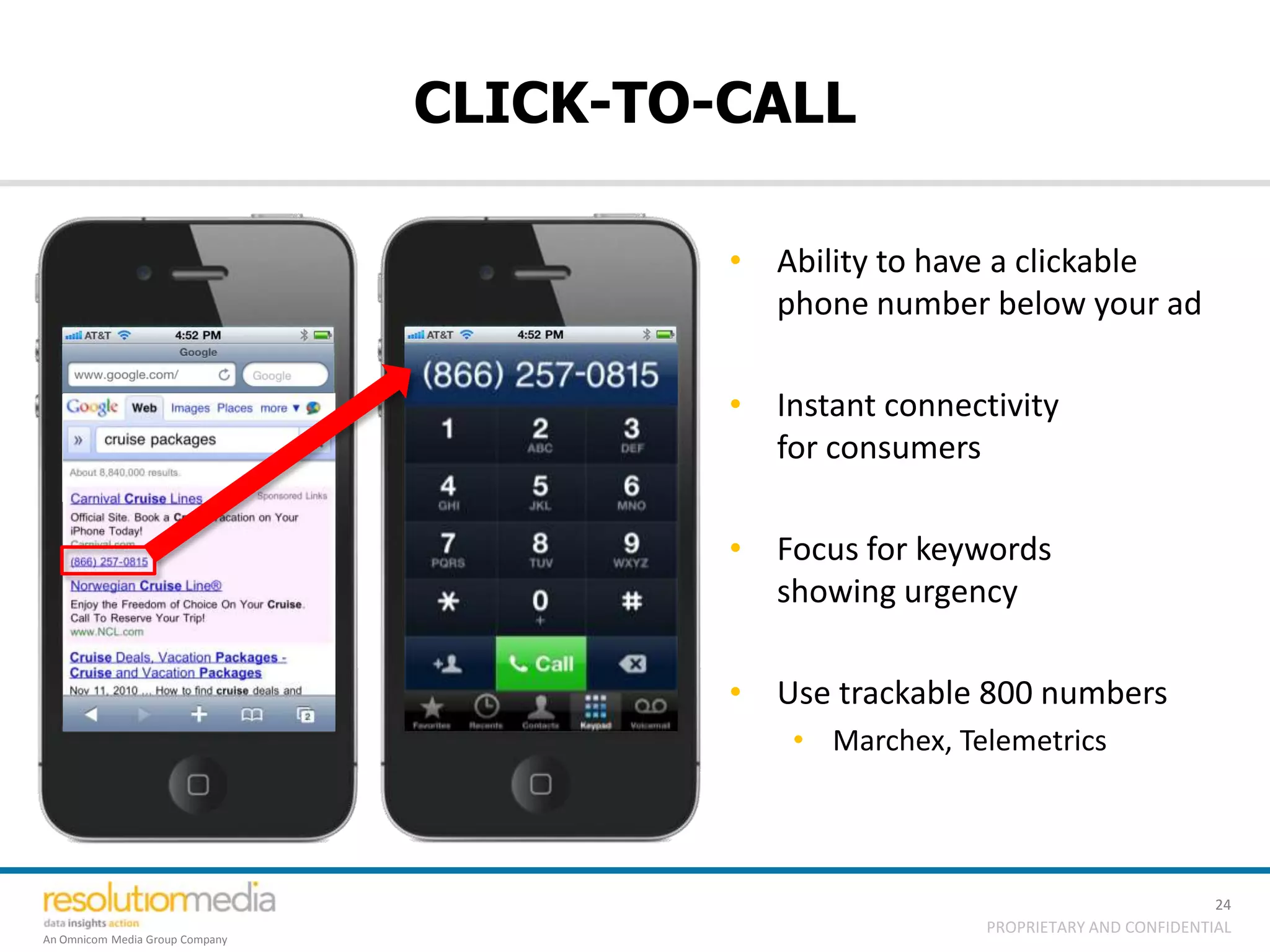 CLICK-TO-CALL

                                          • Ability to have a clickable
                                            phone number below your ad

                                          • Instant connectivity
                                            for consumers

                                          • Focus for keywords
                                            showing urgency

                                          • Use trackable 800 numbers
                                              • Marchex, Telemetrics




                                                                                     24
                                                           PROPRIETARY AND CONFIDENTIAL
An Omnicom Media Group Company
 