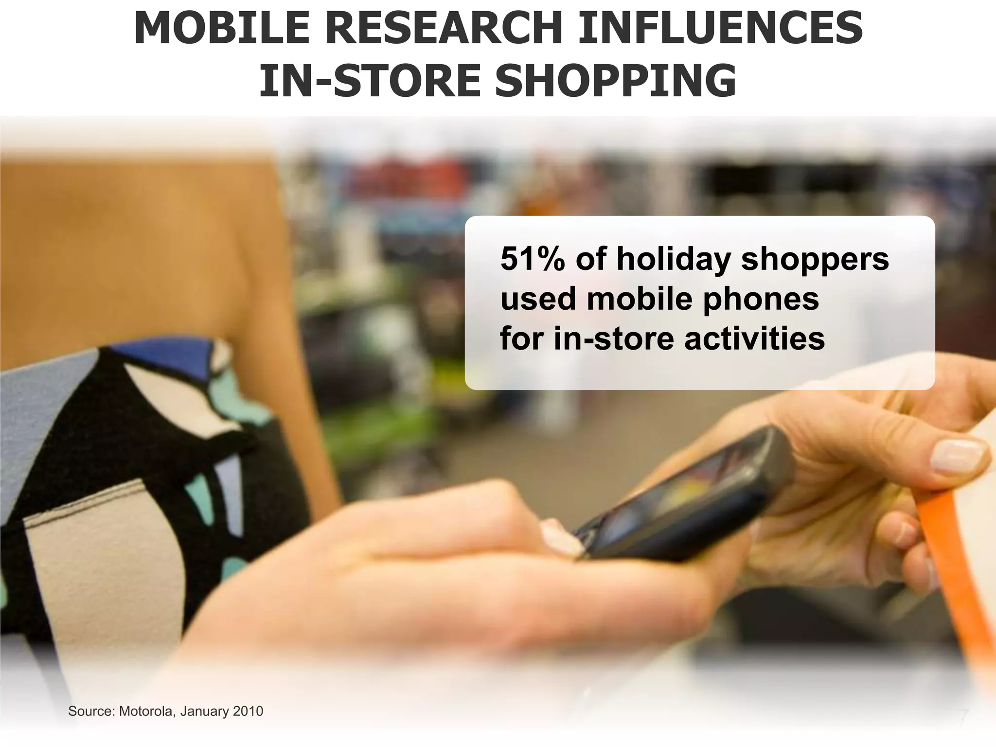 MOBILE RESEARCH INFLUENCES
                        IN-STORE SHOPPING


                                        51% of holiday shoppers
                                        used mobile phones
                                        for in-store activities




       Source: Motorola, January 2010                                             7
                                                                                  7
                                                        PROPRIETARY AND CONFIDENTIAL
An Omnicom Media Group Company
 