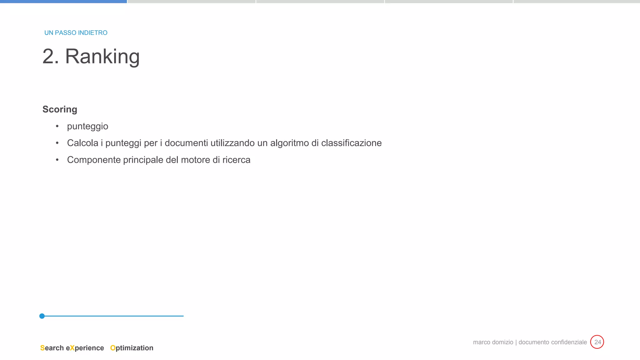 marco domizio | documento confidenziale 24
Scoring
• punteggio
• Calcola i punteggi per i documenti utilizzando un algoritmo di classificazione
• Componente principale del motore di ricerca
2. Ranking
UN PASSO INDIETRO
Search eXperience Optimization
 