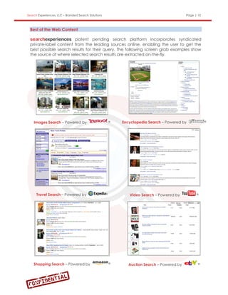 Search Experiences, LLC – Branded Search Solutions                                            Page | 10



  Best of the Web Content

                         patent pending search platform incorporates syndicated
  private-label content from the leading sources online, enabling the user to get the
  best possible search results for their query. The following screen grab examples show
  the source of where selected search results are extracted on-the-fly.




    Images Search – Powered by                           ®   Encyclopedia Search – Powered by             ®




      Travel Search – Powered by                     ®
                                                                Video Search – Powered by           ®




    Shopping Search – Powered by                         ®
                                                                Auction Search – Powered by          ®
 