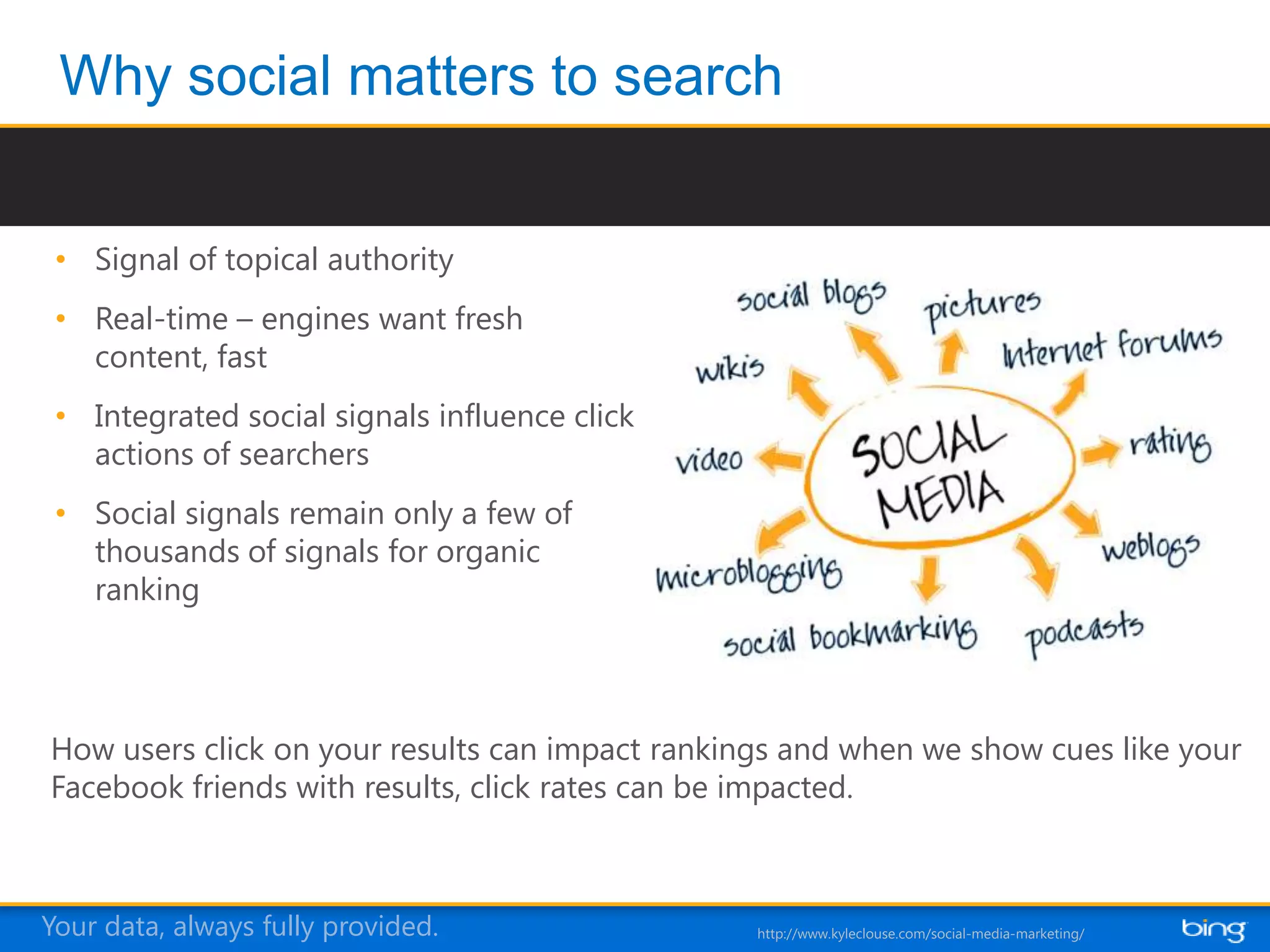 • Signal of topical authority
 • Real-time – engines want fresh
   content, fast
 • Integrated social signals influence click
   actions of searchers
 • Social signals remain only a few of
   thousands of signals for organic
   ranking




How users click on your results can impact rankings and when we show cues like your
Facebook friends with results, click rates can be impacted.



Your data, always fully provided.
 