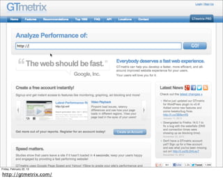 Friday, February 22, 13

http://gtmetrix.com/
 
