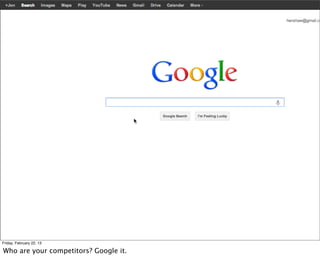 Friday, February 22, 13

Who are your competitors? Google it.
 