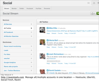 Friday, February 22, 13

http://raventools.com Manage all/multiple accounts in one location -- Hootsuite, UberVU,
Social Fresh, Raven
 