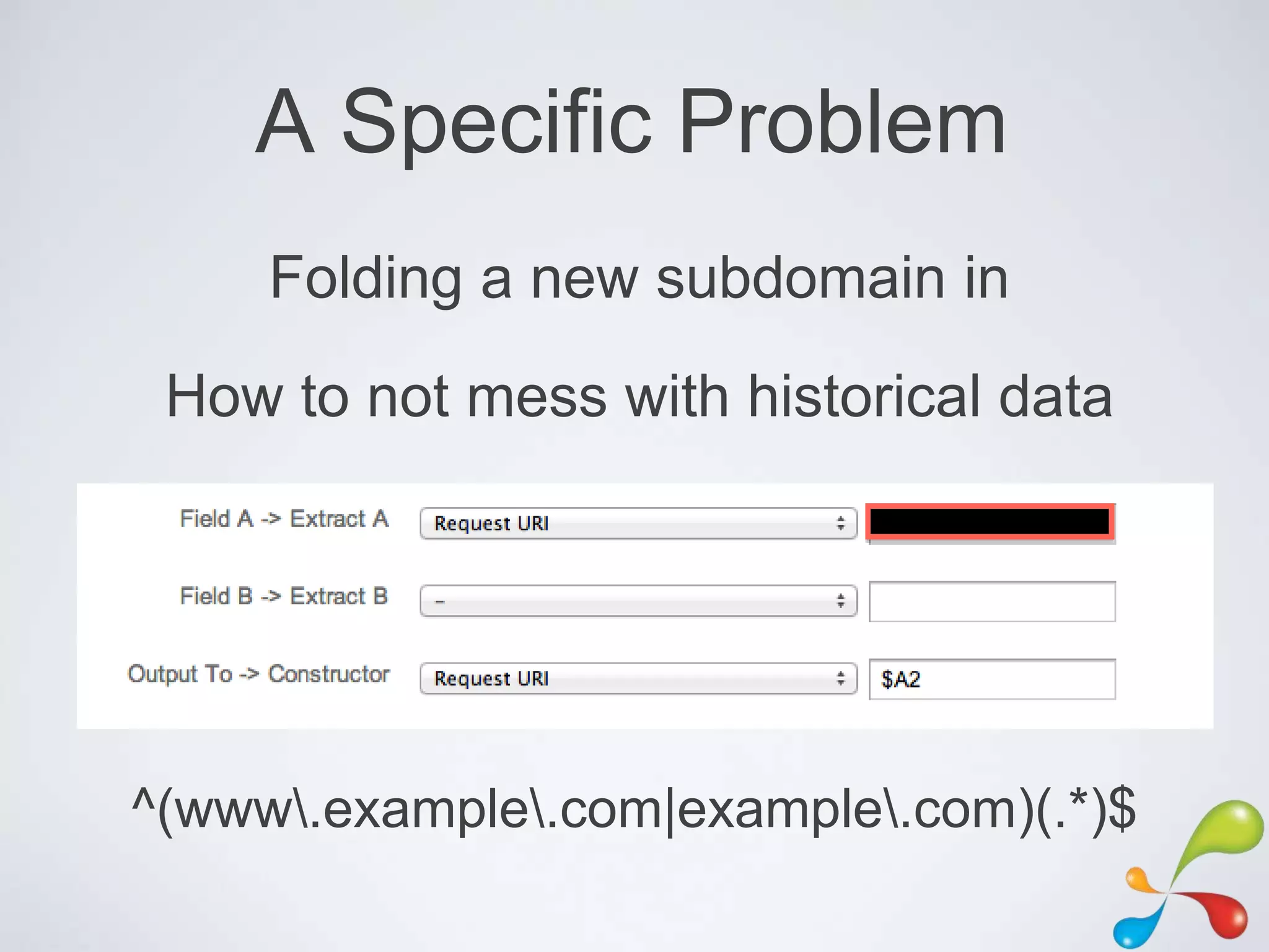 A Specific Problem
     Folding a new subdomain in
 How to not mess with historical data




^(www.example.com|example.com)(.*)$
 