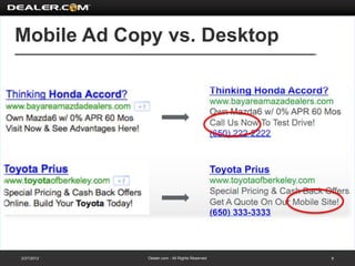 Mobile Ad Copy vs. Desktop




2/27/2012    Dealer.com - All Rights Reserved   8
 