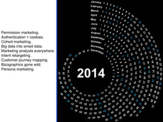 Permission marketing.
Authentication > cookies.
Cohort marketing.
Big data into smart data.
Marketing analysts everywhere.
Intent retargeting.
Customer journey mapping.
Bizographics gone wild.
Persona marketing.

http://blog.hubspot.com/blog/tabid/6307/bid/13829/60-Ways-Personalization-is-Changing-Marketing.aspx

 