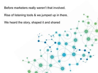 Before marketers really weren’t that involved.
Rise of listening tools & we jumped up in there.
We heard the story, shaped it and shared

 