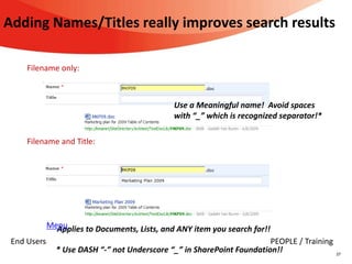 Adding Names/Titles really improves search results

     Filename only:



                                               Use a Meaningful name! Avoid spaces
                                               with “_” which is recognized separator!*

     Filename and Title:




             Menu
               Applies to Documents, Lists, and ANY item you search for!!
 End Users                                                              PEOPLE / Training
               * Use DASH “-” not Underscore “_” in SharePoint Foundation!!                 27
 