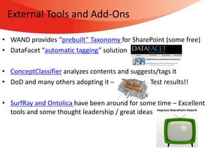 External Tools and Add-Ons

• WAND provides “prebuilt” Taxonomy for SharePoint (some free)
• DataFacet “automatic tagging” solution

• ConceptClassifier analyzes contents and suggests/tags it
• DoD and many others adopting it –             Test results!!

• SurfRay and Ontolica have been around for some time – Excellent
  tools and some thought leadership / great ideas
 