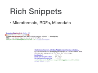 Rich Snippets
• Microformats, RDFa, Microdata
 