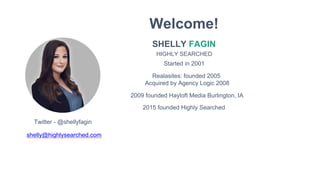 SHELLY FAGIN
HIGHLY SEARCHED
Welcome!
Twitter - @shellyfagin
shelly@highlysearched.com
Started in 2001
Realasites: founded 2005
Acquired by Agency Logic 2008
2009 founded Hayloft Media Burlington, IA
2015 founded Highly Searched
 