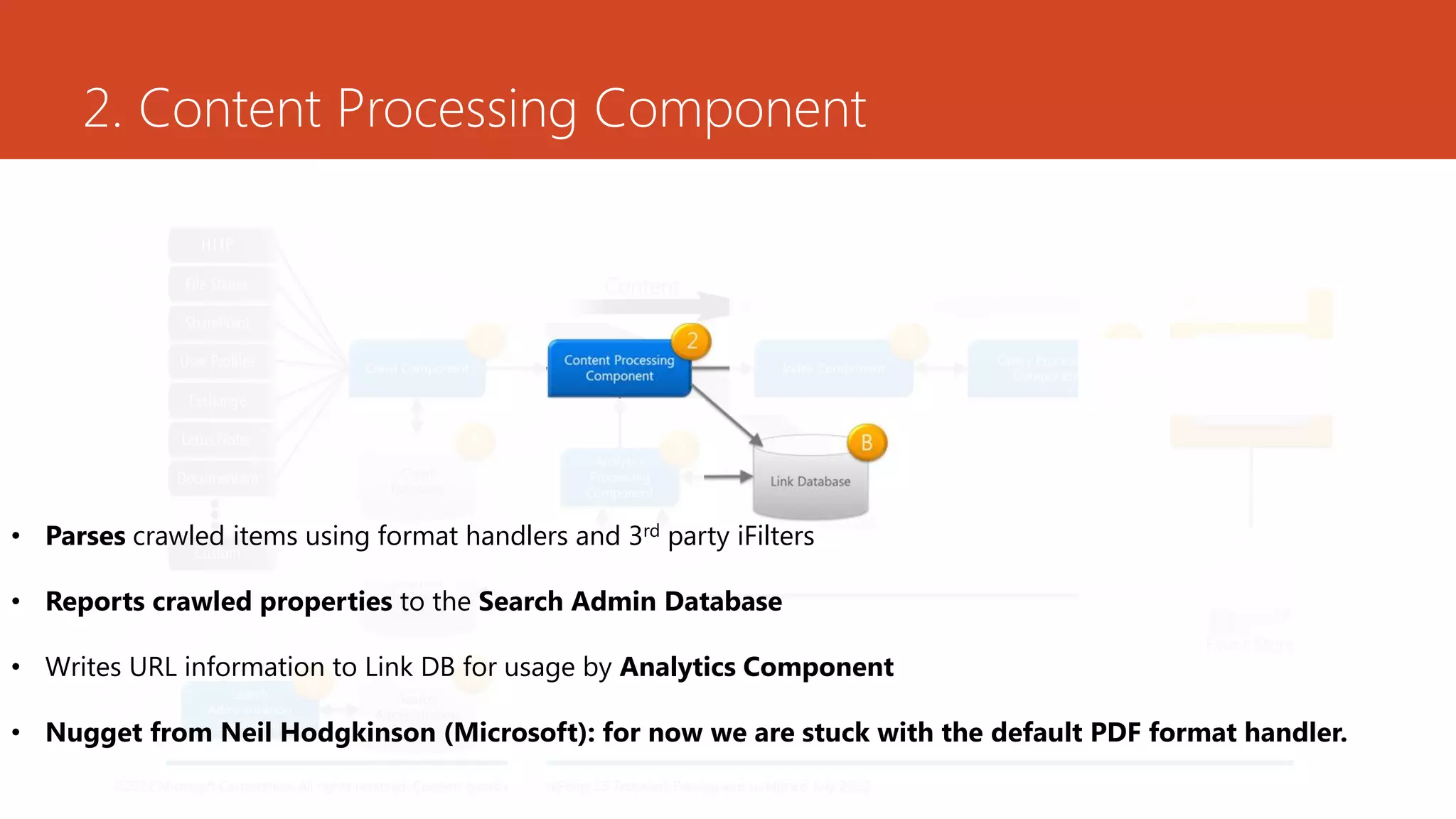 2. Content Processing Component




• Parses crawled items using format handlers and 3rd party iFilters

• Reports crawled properties to the Search Admin Database

• Writes URL information to Link DB for usage by Analytics Component

• Nugget from Neil Hodgkinson (Microsoft): for now we are stuck with the default PDF format handler.
 