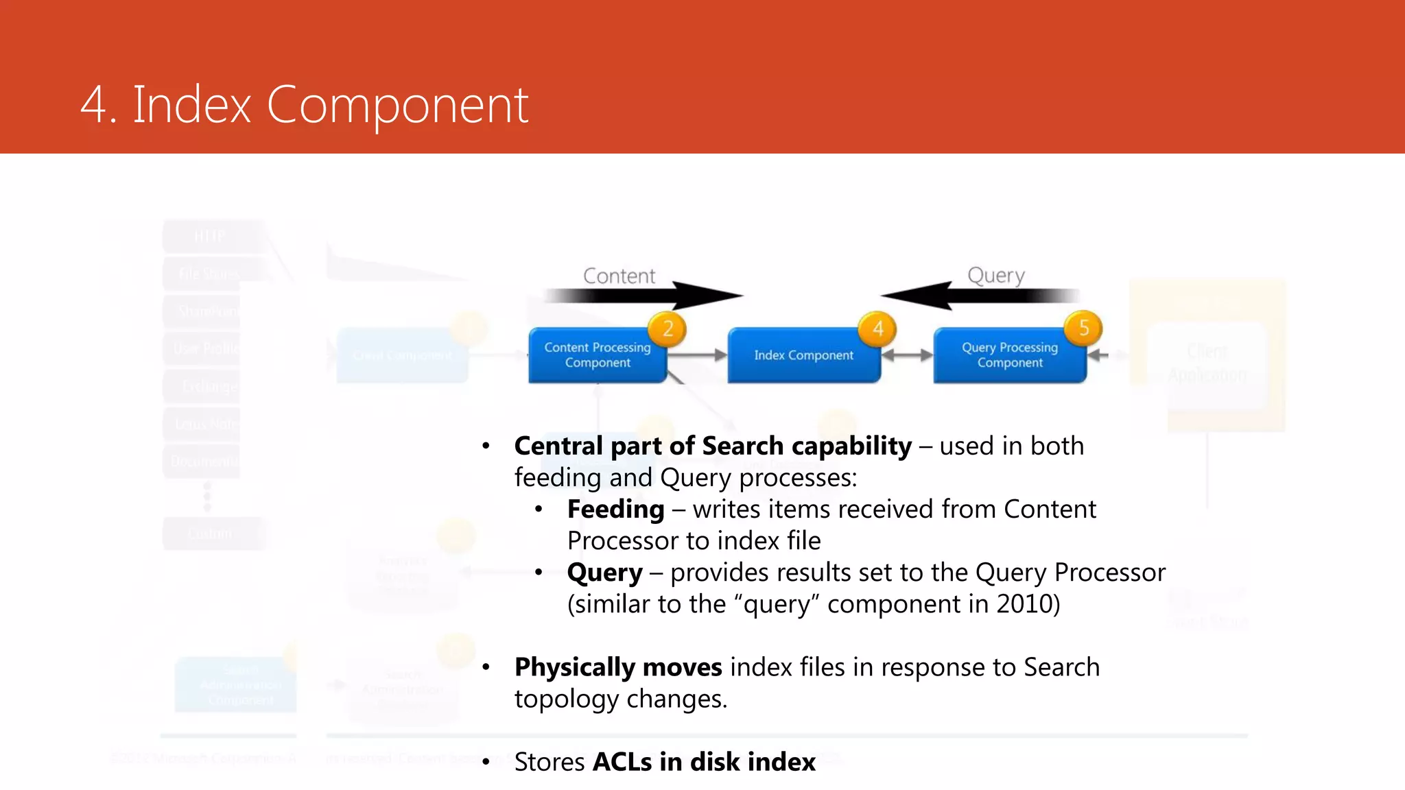 4. Index Component




                • Central part of Search capability – used in both
                  feeding and Query processes:
                    • Feeding – writes items received from Content
                      Processor to index file
                    • Query – provides results set to the Query Processor
                      (similar to the “query” component in 2010)

                • Physically moves index files in response to Search
                  topology changes.

                • Stores ACLs in disk index
 