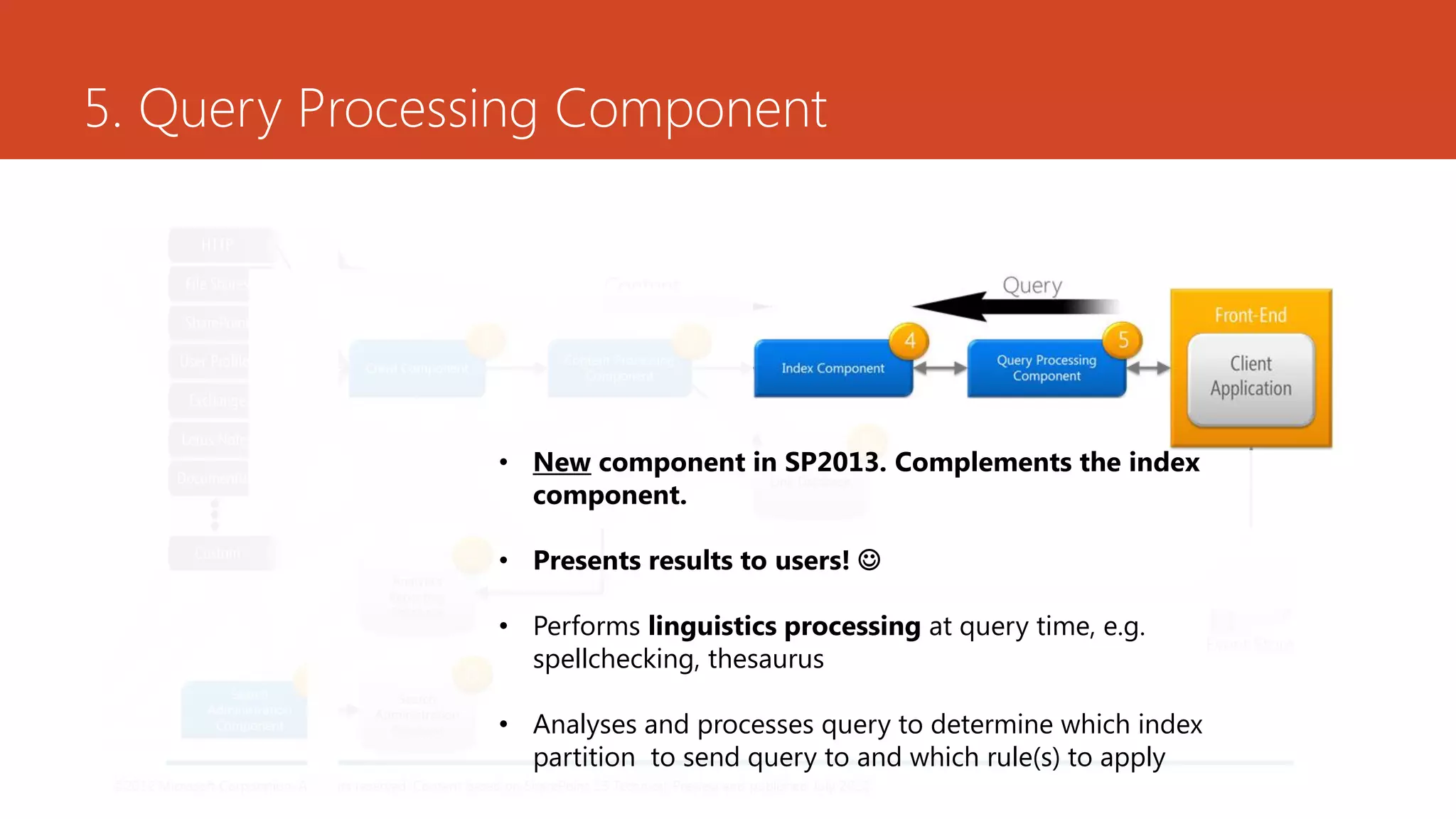 5. Query Processing Component




                • New component in SP2013. Complements the index
                  component.

                • Presents results to users! 

                • Performs linguistics processing at query time, e.g.
                  spellchecking, thesaurus

                • Analyses and processes query to determine which index
                  partition to send query to and which rule(s) to apply
 