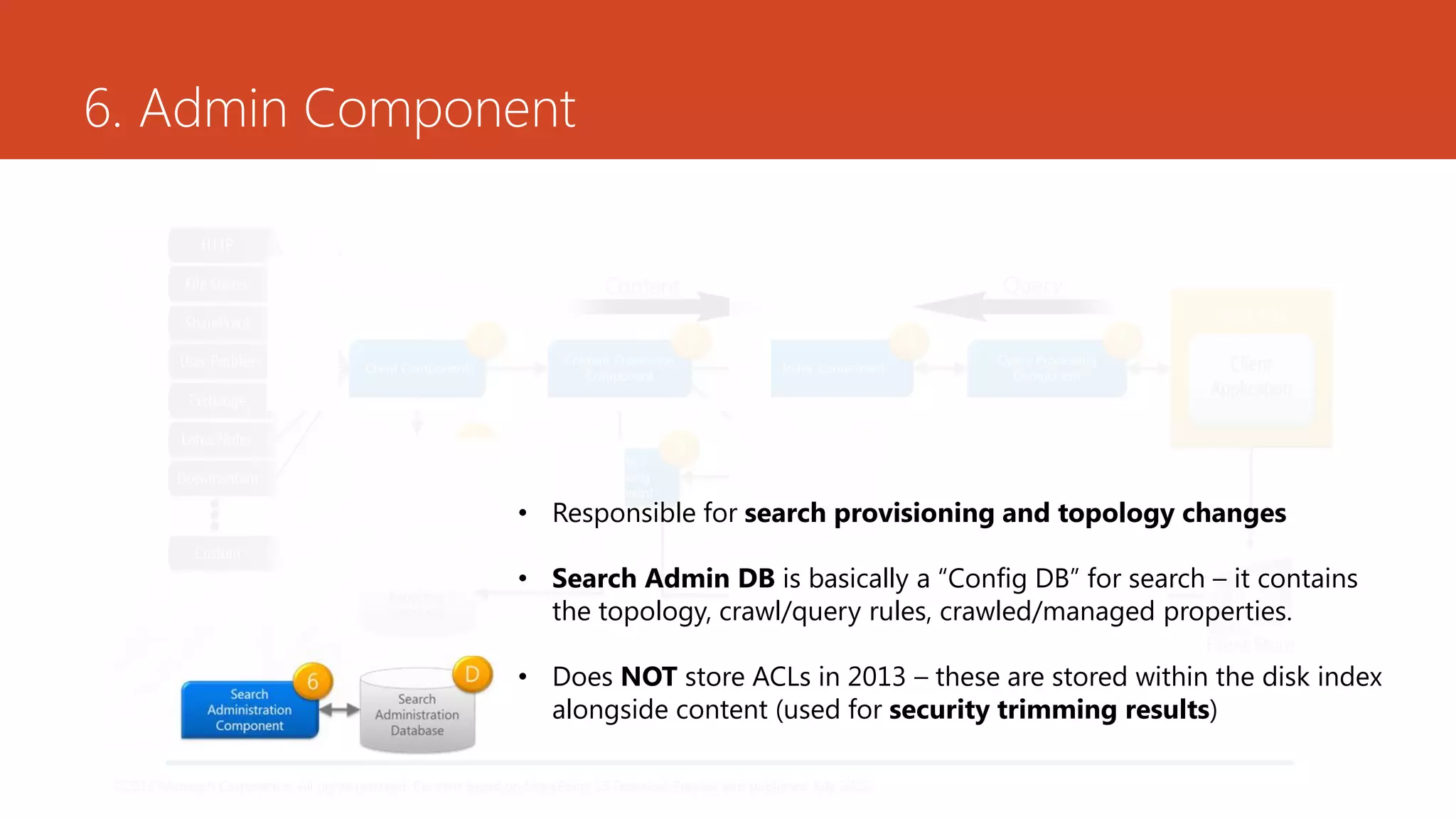 6. Admin Component




               • Responsible for search provisioning and topology changes

               • Search Admin DB is basically a “Config DB” for search – it contains
                 the topology, crawl/query rules, crawled/managed properties.

               • Does NOT store ACLs in 2013 – these are stored within the disk index
                 alongside content (used for security trimming results)
 