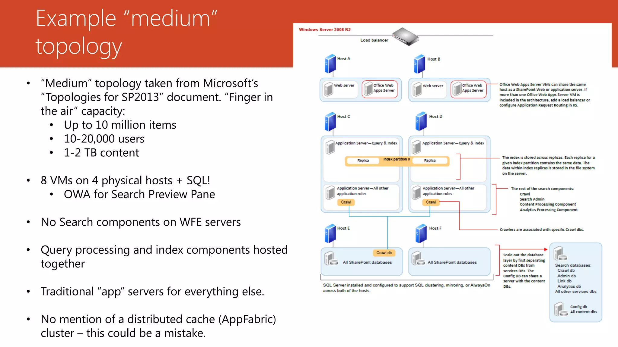 Example “medium”
 topology
• “Medium” topology taken from Microsoft’s
  “Topologies for SP2013” document. “Finger in
  the air” capacity:
    • Up to 10 million items
    • 10-20,000 users
    • 1-2 TB content

• 8 VMs on 4 physical hosts + SQL!
    • OWA for Search Preview Pane

• No Search components on WFE servers

• Query processing and index components hosted
  together

• Traditional “app” servers for everything else.

• No mention of a distributed cache (AppFabric)
  cluster – this could be a mistake.
 