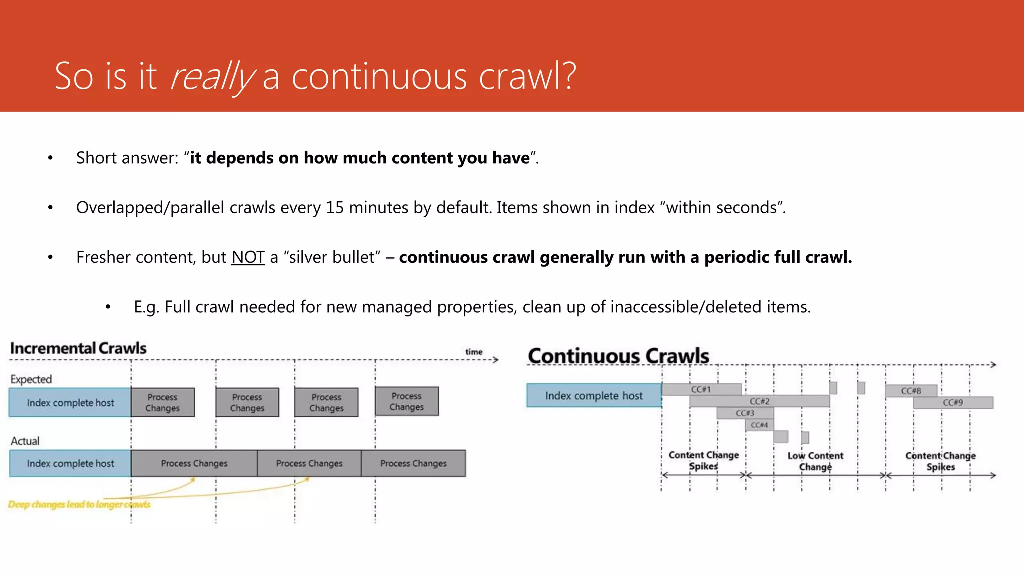 So is it really a continuous crawl?
•    Short answer: “it depends on how much content you have”.

•    Overlapped/parallel crawls every 15 minutes by default. Items shown in index “within seconds”.

•    Fresher content, but NOT a “silver bullet” – continuous crawl generally run with a periodic full crawl.

        •   E.g. Full crawl needed for new managed properties, clean up of inaccessible/deleted items.
 