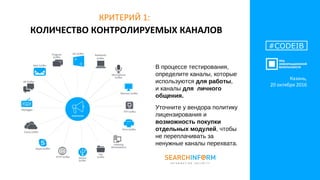КОЛИЧЕСТВО КОНТРОЛИРУЕМЫХ КАНАЛОВ
#CODEIB
КРИТЕРИЙ 1:
В процессе тестирования,
определите каналы, которые
используются для работы,
и каналы для личного
общения.
Уточните у вендора политику
лицензирования и
возможность покупки
отдельных модулей, чтобы
не переплачивать за
ненужные каналы перехвата.
Казань,
20 октября 2016
 