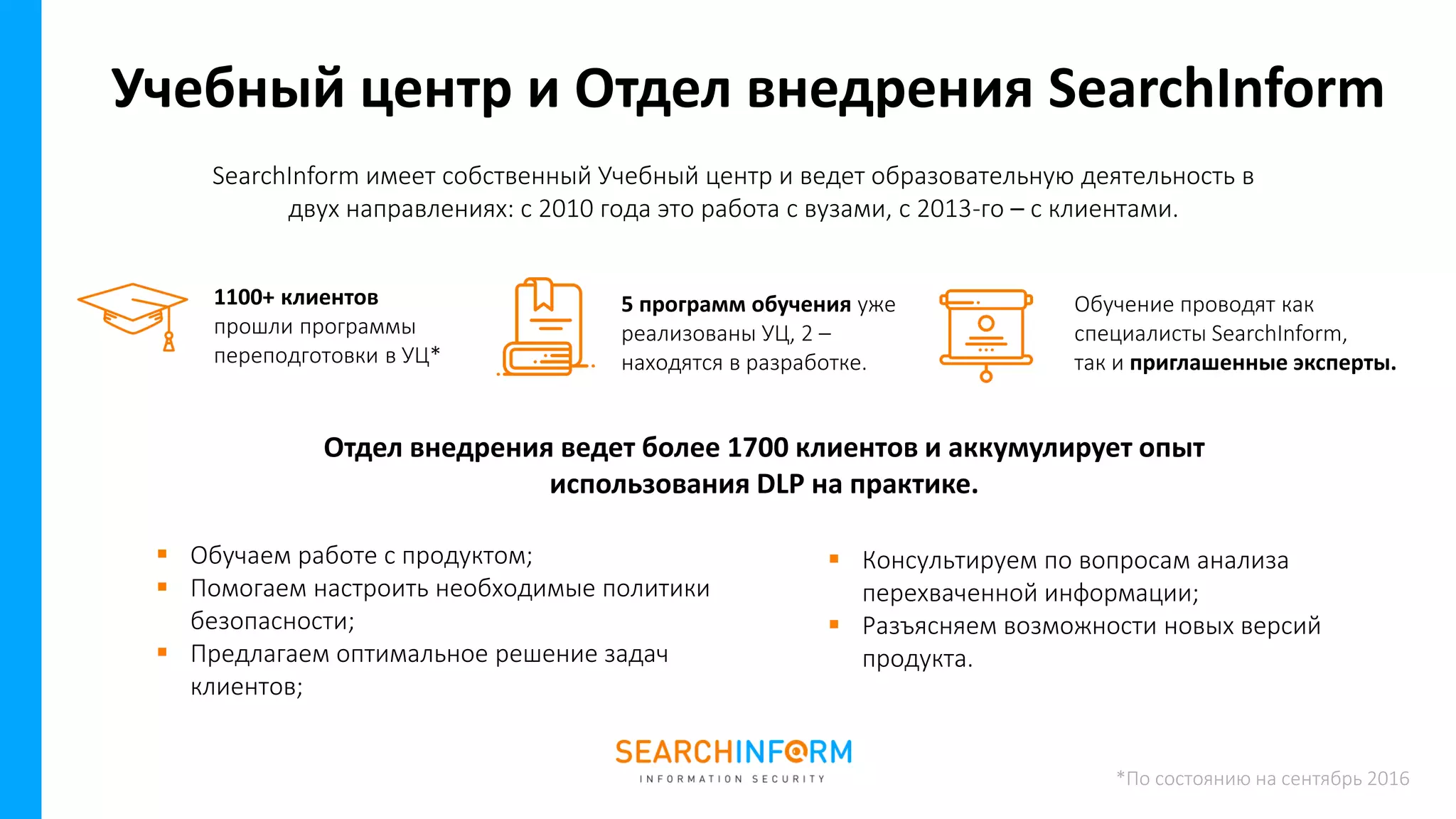 Обучение проводят как
специалисты SearchInform,
так и приглашенные эксперты.
5 программ обучения уже
реализованы УЦ, 2 –
находятся в разработке.
Учебный центр и Отдел внедрения SearchInform
SearchInform имеет собственный Учебный центр и ведет образовательную деятельность в
двух направлениях: с 2010 года это работа с вузами, с 2013-го – с клиентами.
1100+ клиентов
прошли программы
переподготовки в УЦ*
*По состоянию на сентябрь 2016
Отдел внедрения ведет более 1700 клиентов и аккумулирует опыт
использования DLP на практике.
▪ Обучаем работе с продуктом;
▪ Помогаем настроить необходимые политики
безопасности;
▪ Предлагаем оптимальное решение задач
клиентов;
▪ Консультируем по вопросам анализа
перехваченной информации;
▪ Разъясняем возможности новых версий
продукта.
 