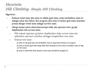 Heuristic
Hill Climbing -Simple Hill Climbing
Algoritma :
1. Evaluasi initial state. Jika state ini adalah goal state, maka kembalikan state ini
sebagai solusi dan keluar dari program. Jika state ini bukan goal state, lanjutkan
proses dengan initial state sebagai current state.
2. Ulangi sampai solusi ditemukan/sampai tidak ada operator baru yg dpt
diaplikasikan thd current state :
a) Pilih sebuah operator yg belum diaplikasikan thdp current state dan
aplikasikan operator tersebut sehingga menghasilkan new state.
b) Evaluasi new state :
 Jk state ini adl. goal state, mk kembalikan state ini sbg solusi & keluar dr program.
 Jk state ini bukan goal state tetapi lebih baik daripada current state, mk jadikan state ini sbg
current state.
 Jk state ini tidak lebih baik daripd current state, kembali ke langkah 2.a
 