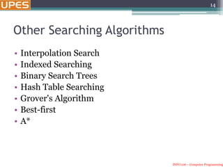 INFO 106 – Computer Programming
Other Searching Algorithms
• Interpolation Search
• Indexed Searching
• Binary Search Trees
• Hash Table Searching
• Grover's Algorithm
• Best-first
• A*
14
 